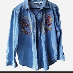 Embroidered Floral Denim Shirt - Light Blue